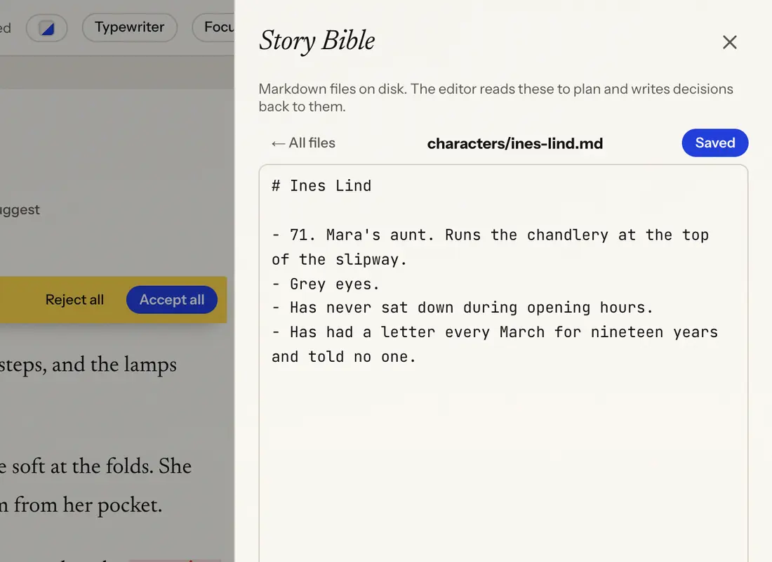 The web app's story bible open beside chapter five of The Letter, showing Ines Lind's entry: seventy-one, Mara's aunt, grey eyes.