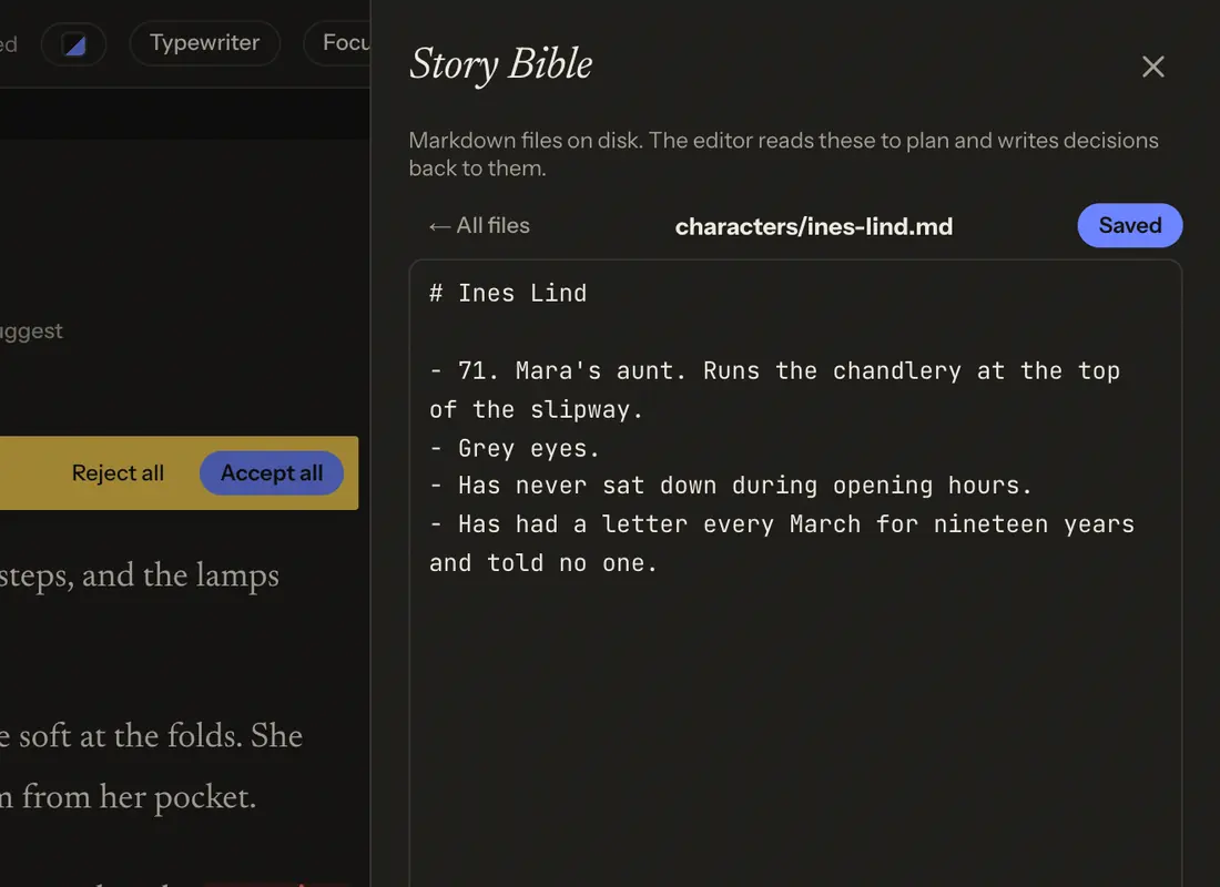 The web app's story bible open beside chapter five of The Letter, showing Ines Lind's entry: seventy-one, Mara's aunt, grey eyes.
