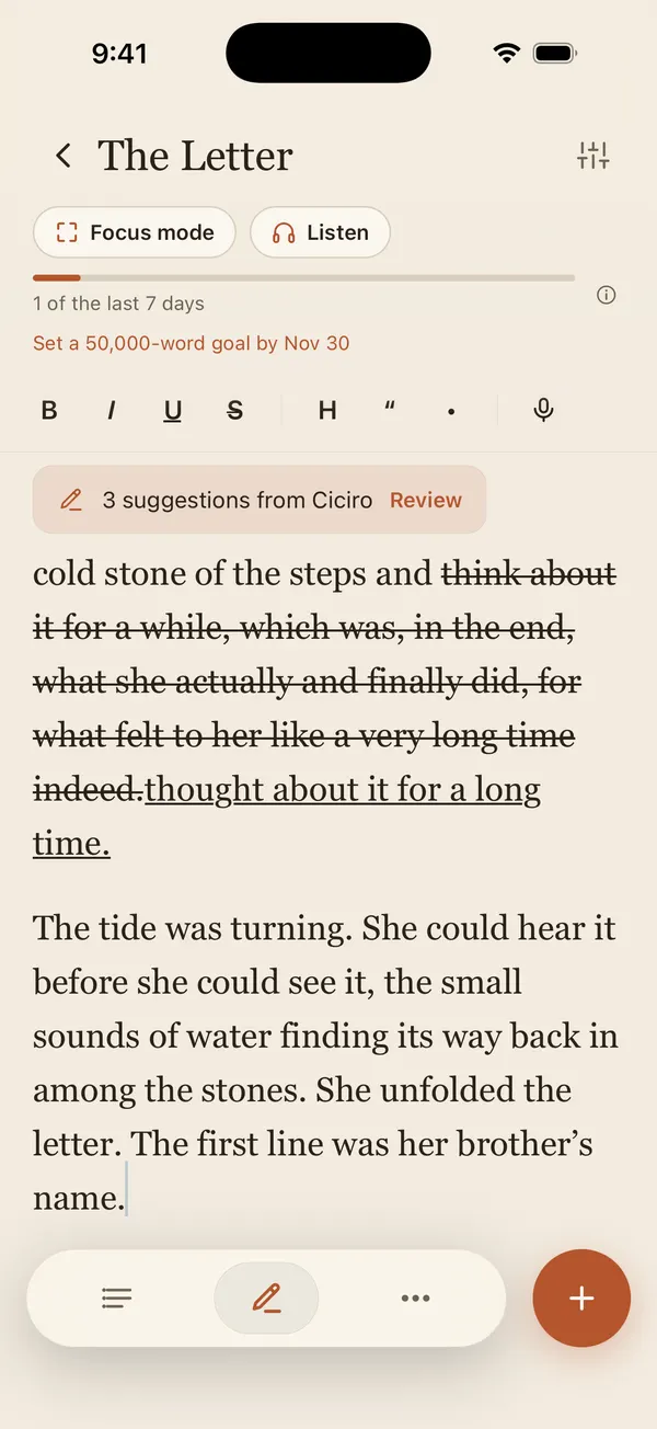 The phone editor open at the end of chapter five, where the writer adds: “She unfolded the letter. The first line was her brother's name.”