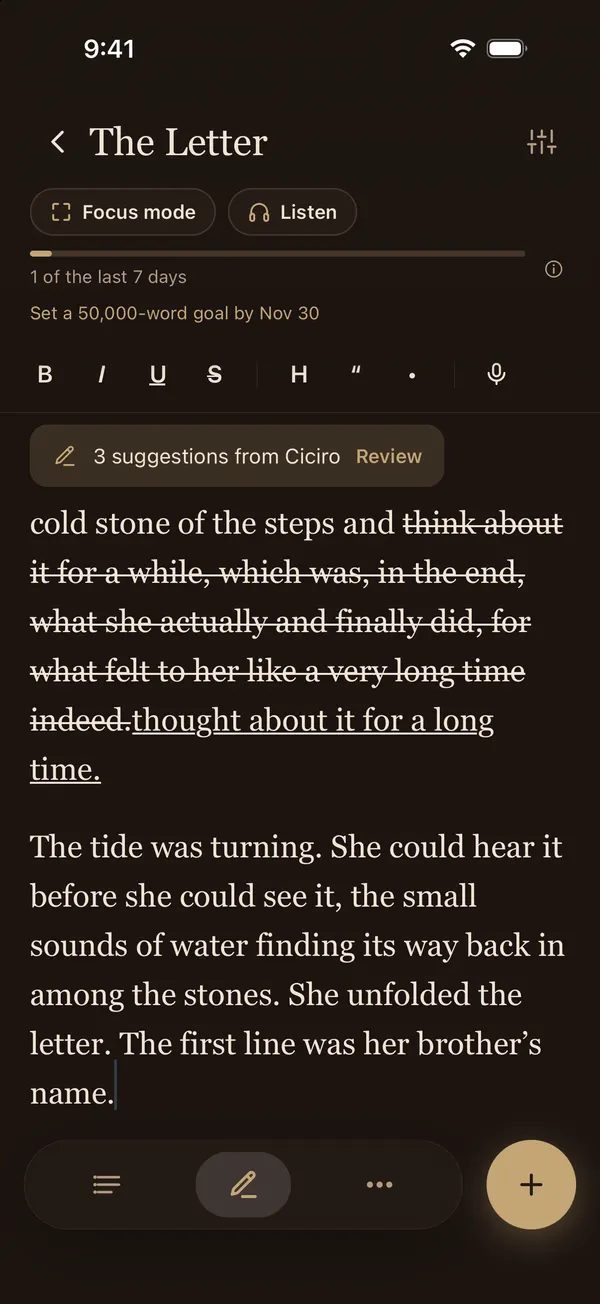 The phone editor open at the end of chapter five, where the writer adds: “She unfolded the letter. The first line was her brother's name.”