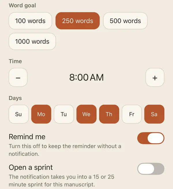 The phone app's reminder form for The Letter: a 250-word goal at 8:00 AM on Monday, Wednesday, Thursday and Saturday.