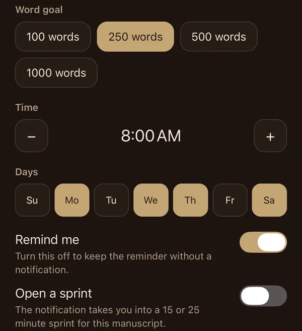 The phone app's reminder form for The Letter: a 250-word goal at 8:00 AM on Monday, Wednesday, Thursday and Saturday.