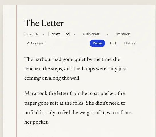 The chapter editor open on Chapter 12, "The Letter": the harbour had gone quiet, and Mara took the letter from her coat pocket.