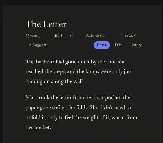 The chapter editor open on Chapter 12, "The Letter": the harbour had gone quiet, and Mara took the letter from her coat pocket.