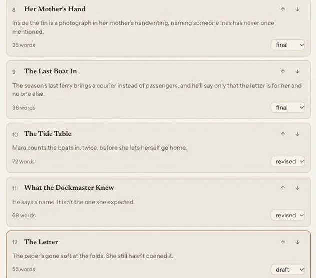 The Outline panel listing Mara's chapters, ending on Chapter 12, "The Letter".