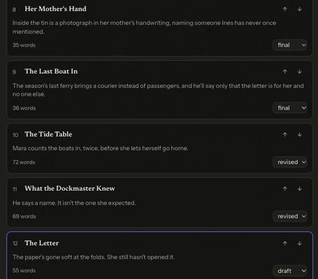 The Outline panel listing Mara's chapters, ending on Chapter 12, "The Letter".