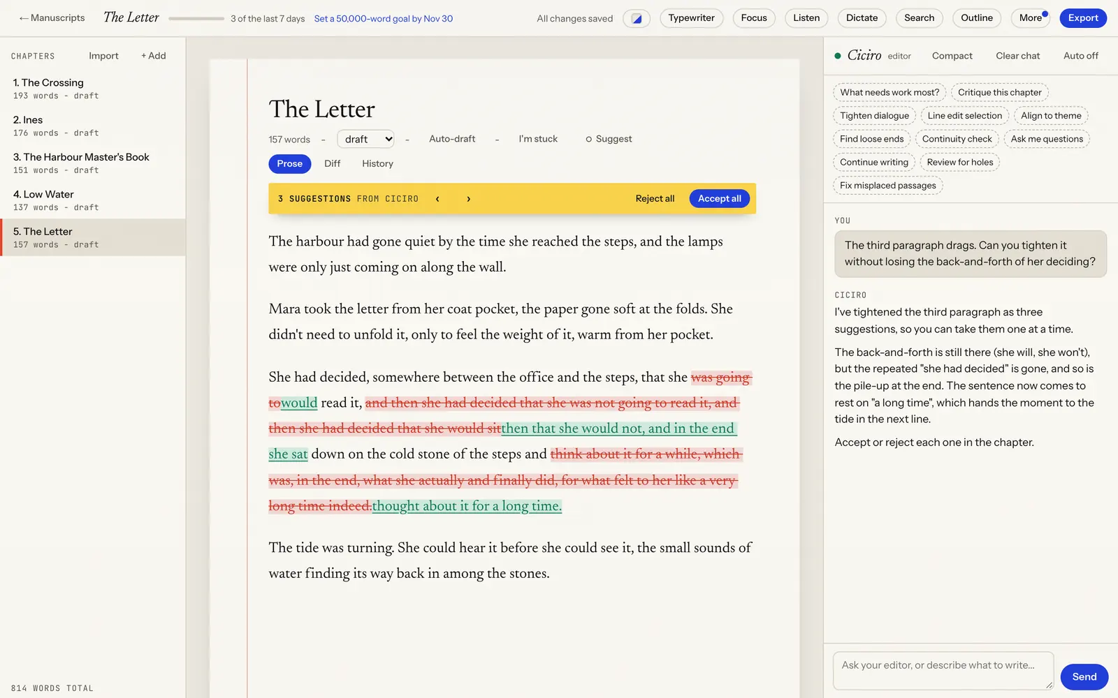 The web editor on chapter five of The Letter, with three suggestions from Ciciro marked in the third paragraph, Accept all and Reject all above, and the chat where the writer asked for the paragraph to be tightened.