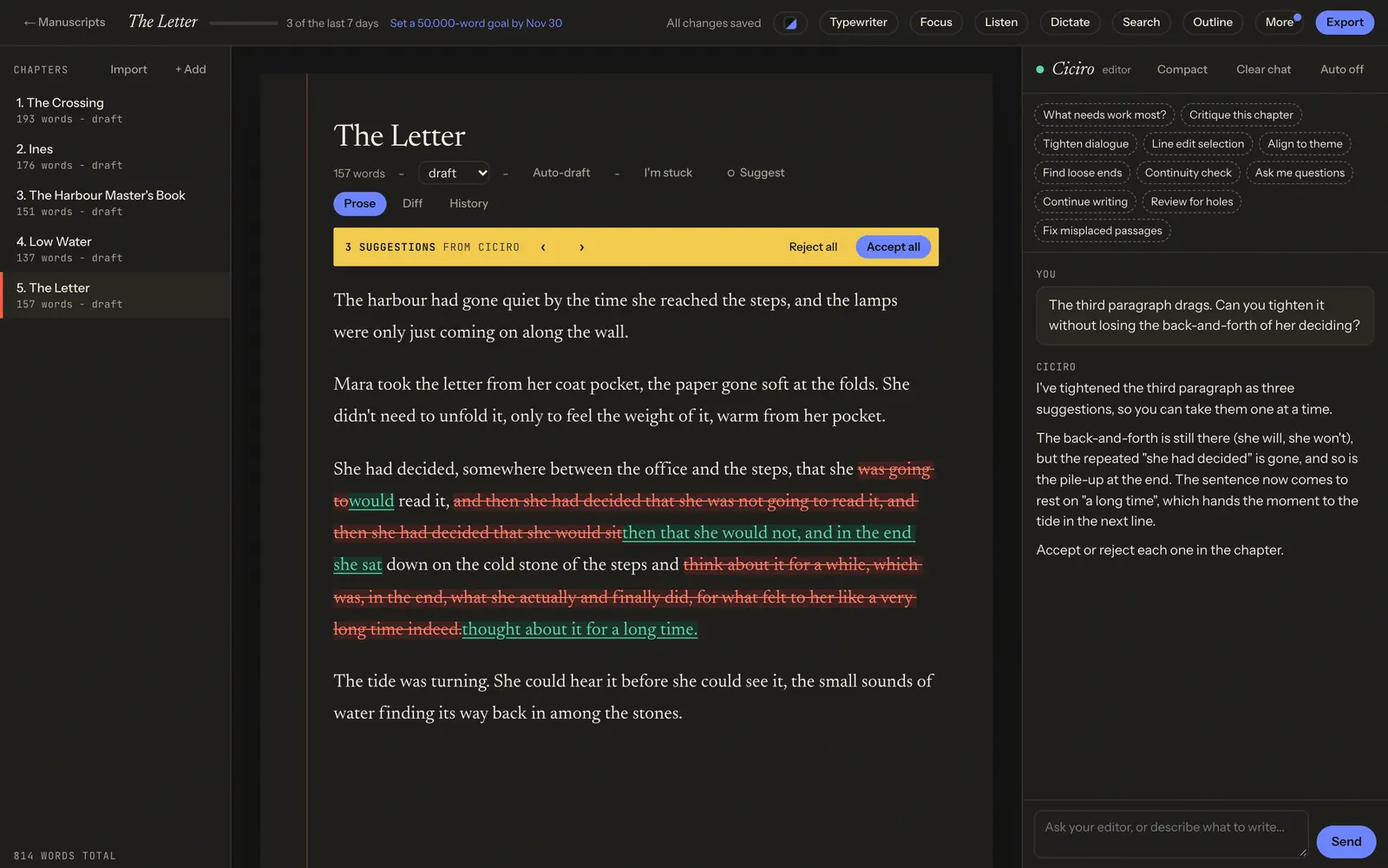 The web editor on chapter five of The Letter, with three suggestions from Ciciro marked in the third paragraph, Accept all and Reject all above, and the chat where the writer asked for the paragraph to be tightened.